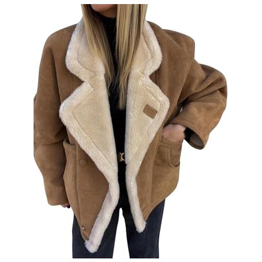Goolecrimp cappotto invernale elegante oversize foderato in sherpa da donna alla moda caldo vintage casual ampio alla moda sottile in pile spesso (caramello, m)