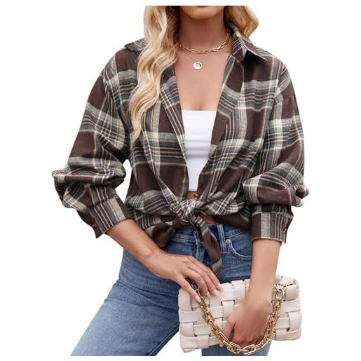ALLureLove camicia da donna in flanella, alla moda, a quadri, con bottoni, a maniche lunghe, casual, autunnale, marrone, xl