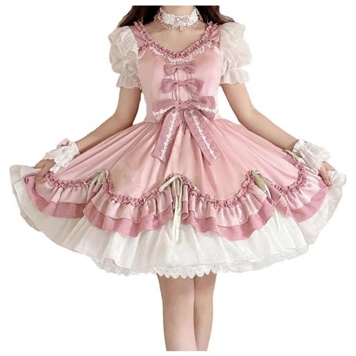 Vagbalena vestito estivo da ragazza lolita con fiocco rosa e maniche a sbuffo per cocktail party laurea kawaii maniche corte volant ritorno a casa abiti da teenager (pink, s)