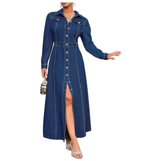 ORANDESIGNE abito jeans donna lungo abito jeans manica lunga autunno camicia vestito denim curvy maxi abiti vita alta b blu scuro m