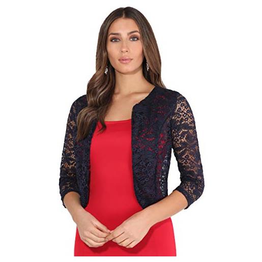 KRISP® coprispalle blazer bolero cardigan da donna con manica a 3/4 in pizzo elegante festa matrimonio chic economico, blu scuro, 40, 3918-nvy-08