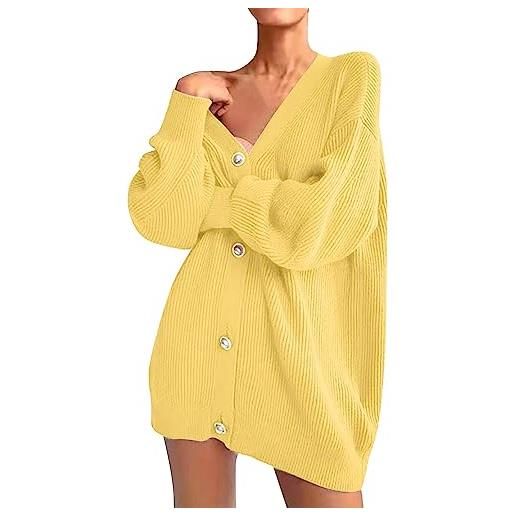 LZPCarra maglione da donna, oversize, scollo a v, lungo, grande, a maniche lunghe, leggero, elasticizzato, con bottoni, cardigan, cardigan, cardigan, cardigan aperto sul davanti, giallo. , xl