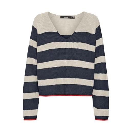 VERO MODA vmfabulous ls v-neck short pullover boo, navy blazer/stripes: w birch + fiery red contrast, s donna