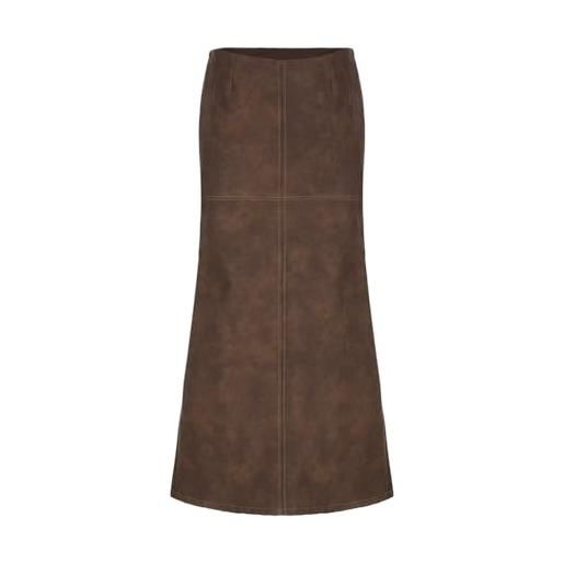 Generic gonna assimetrica donna - gonna lunga da donna moda vintage in pelle crosta marrone con retro posteriore temperamento gonna bassa con marsupio gonna anni 50