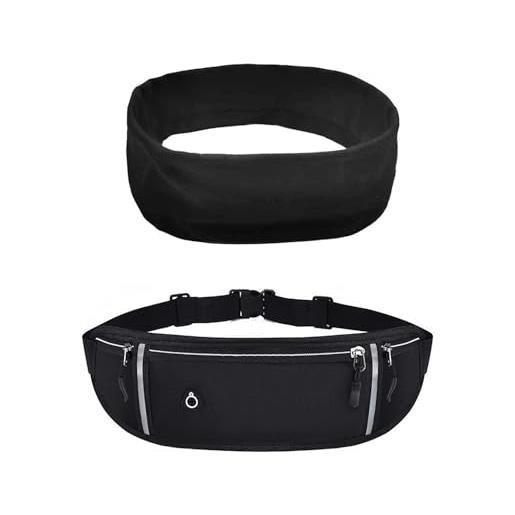 YSJCHEBS 1 marsupio nero, 1 fascia antisudore, borsa da corsa, cintura da corsa per donna, marsupio per uomo, borsa per passaporto, accessori da corsa per uomo