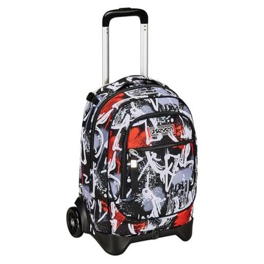 Seven trolley new tech, 2 ruote, spray me, nero, 3 in 1, triplo uso, zaino con carrello sganciabile, zaino scuola viaggio, bambino ragazzo. 