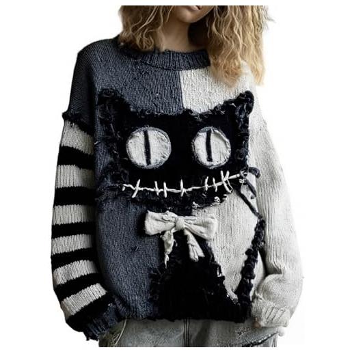 Generic maglione da donna retrò con stampa con viso spettrale a maniche lunghe, maglione lavorato a maglia autunno autunno halloween felpa horror scollo a v novità casual accogliente divertente top, grigio