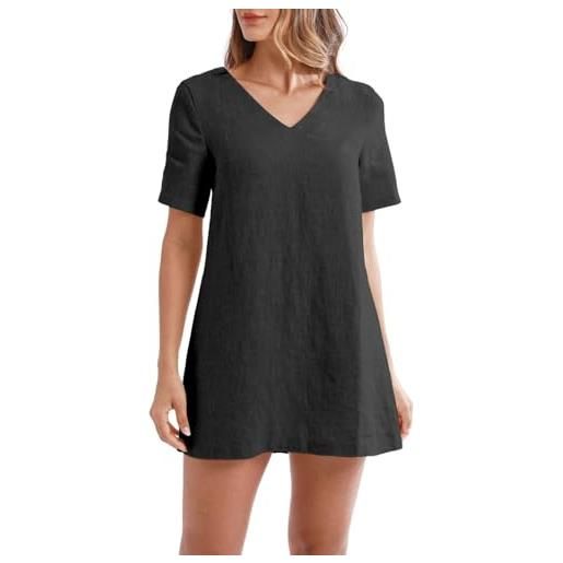 Amazhiyu abito da donna in lino, abito corto da donna, estivo, linea a, con scollo a v, a maniche corte, con chiusura lampo, nero , l