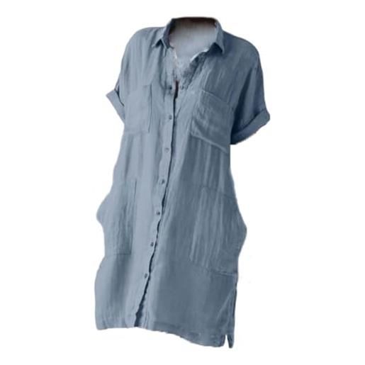 nichangyuyi nuovo abito camicia irregolare a maniche lunghe in canapa di cotone europeo e americano, blu, m