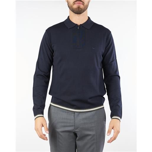 EMPORIO ARMANI maglia polo blu in lana rasata con zip