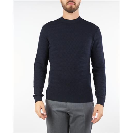 EMPORIO ARMANI maglia blu in pura lana con pattern jacquard a rilievo