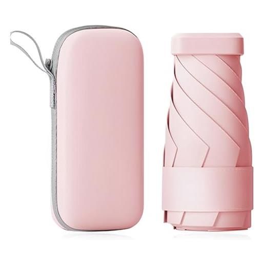 BIRWUMI travel mini ombrello per borsa con caso, piccolo compatto ombrello uv protezione sole, upf>50+ ombrello da sole/pioggia, leggero piccolo ombrello tasca con caso per donne, ragazze（rosa）