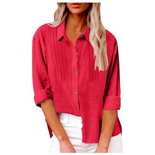 Generisch camicia da donna elegante in mussola, a maniche lunghe, con bottoni, colletto a risvolto, in cotone, camicetta leggera e ariosa, rosso 1, xl