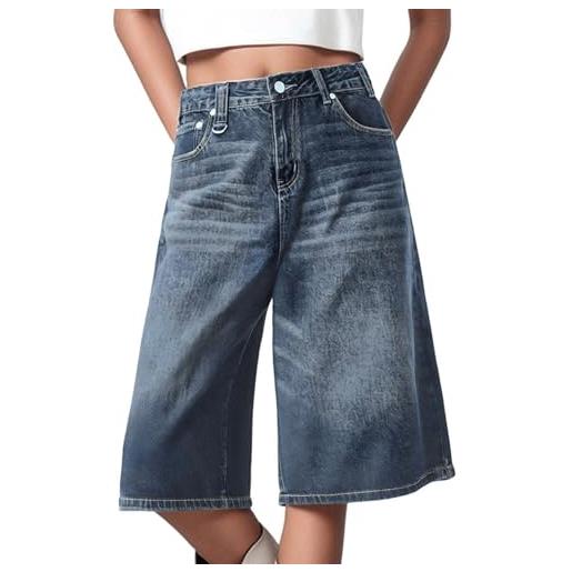 Generico bermuda jeans donna larghi al ginocchio pantaloncini jeans donna vita alta elasticizzato casual pantaloncini denim larghi pantaloncino elasticizzato estivo con tasche pantaloni corti (dark blue, xxl)