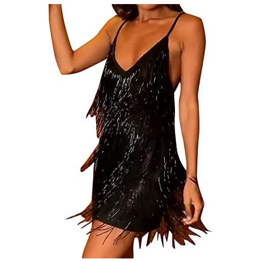 KBOPLEMQ abito da donna anni 20 gatsby con paillette e frange, costume da carnevale, abito retrò con glitter, per feste, a maniche corte, con spalline, sexy, latino, abito da ballo a v, senza maniche
