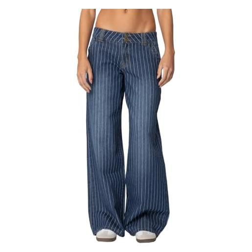 TACSTRUN jeans a gamba larga gessati a vita bassa da donna pantaloni in denim larghi vintage alla moda, blu, l