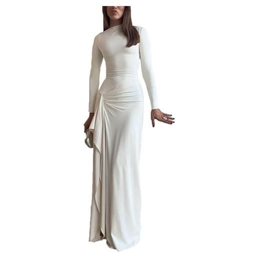 Generic abito lungo aderente a maniche lunghe da donna, elegante, con pieghe divise, lungo abito da sera