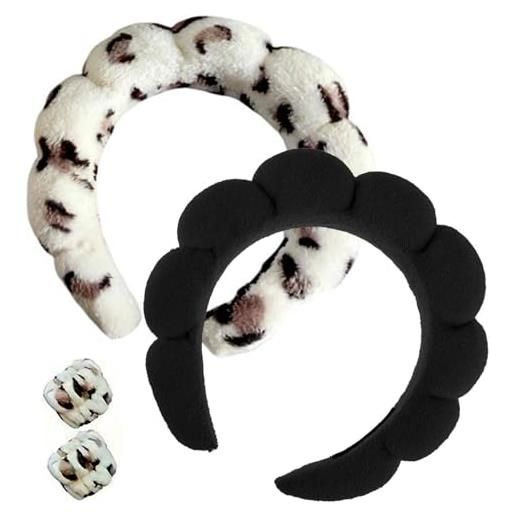 uoouoo fascia da spa per lavare il viso, fascia per trucco e cura della pelle con bolle, con braccialetti per il lavaggio del viso, fascia in spugna morbida, regalo da donna (nero + bianco marrone leopardo)