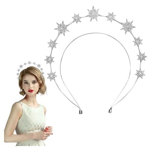 XIHIRCD fascia per capelli con stelle, doppio strato fascia per capelli con corona di stelle halo tiara con strass a stella copricapo della dea corona nuziale da sposa per donne ragazze (argento)