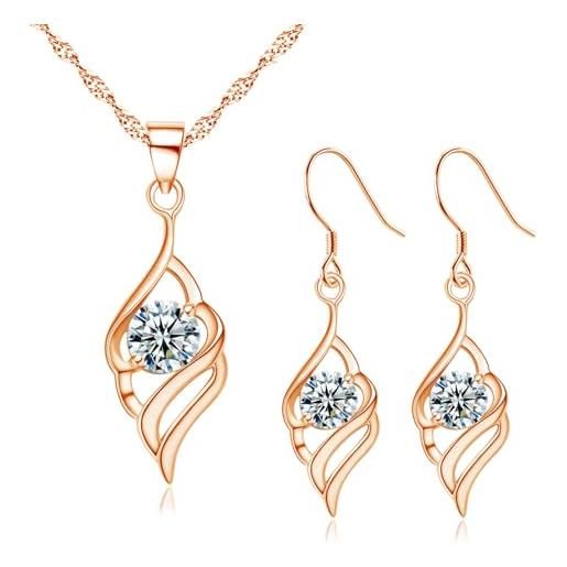 925 Argento Collana con Ciondolo Cuore con Ali d'Angelo Rotondo e Acqu