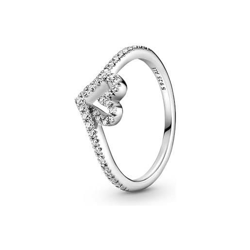 PANDORA anello wishbone con cuore brillante in argento sterling con zirconia cubica trasparente, 60
