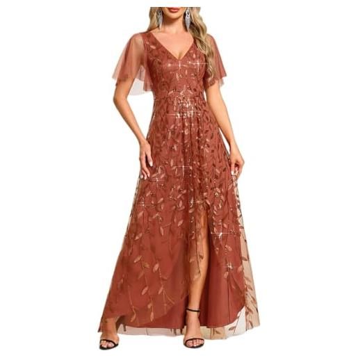 Ever-Pretty abiti da ospite per matrimonio high low linea a scollo a v stile impero maniche corte paillettes foglia vestito da ballo elegante nero 46