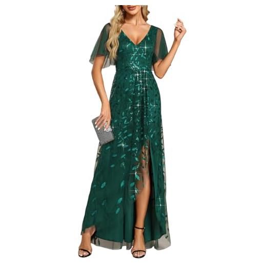 Ever-Pretty abito da ospite di nozze asimmetrico scollo a v linea a paillettes foglia stile impero abito elegante donna cerimonia denim blu 44