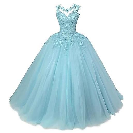 Beyonddress donne principessa abiti da sera quinceanera abiti in pizzo appliques tulle abito da ballo abiti, azzurro, 58