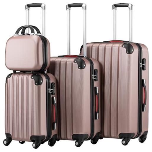 PROVITERA set 3 valigie rigide in abs, valigia m-l-xl e beauty case, manico telescopico e ruote easy roll, lucchetto serratura a codice, trolley resistenti da viaggio, bagaglio a mano (3 + 1 rosa)