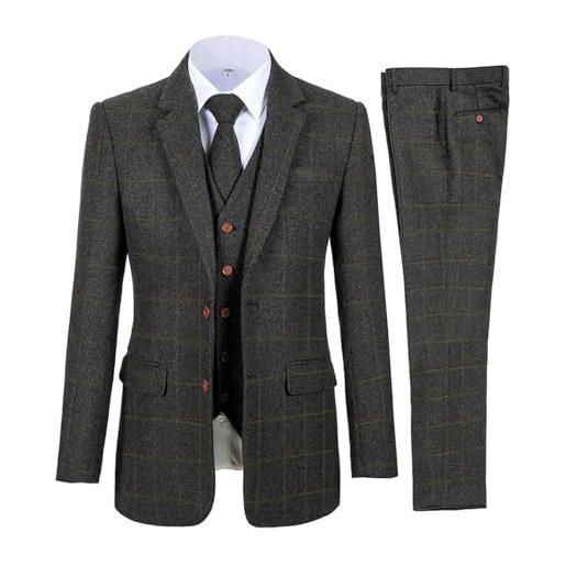 AMEEDA vestito uomo elegante completo abiti da uomo marroni, abiti in tweed scozzese, tre pezzi, smoking con risvolto vintage, abito sposo invernale (giacca + gilet + pantaloni)(black, xl)