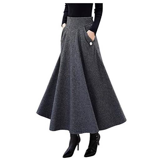 IDEALSANXUN gonna lunga a trapezio da donna, a vita alta, in lana scozzese, autunno/inverno, vino, s