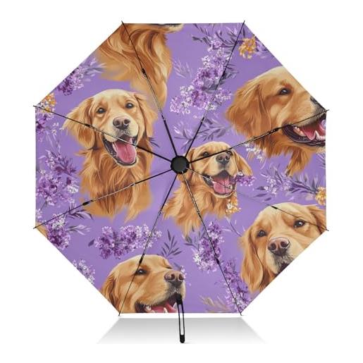 linqin golden retriever - ombrello compatto con cani viola, pieghevole, compatto, per pioggia e pioggia, grande, 8 costole, portatile, uv, automatico, per donne e uomini