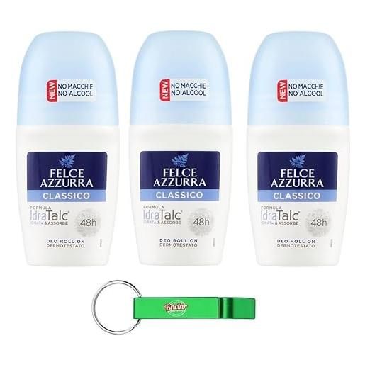 Beni Culinari 3 x felce azzurra - deodorante roll on classico con formula idra. Talc, efficacia 48 ore, senza macchie, senza alcool, deodorante da 50 ml + portachiavi Beni Culinari