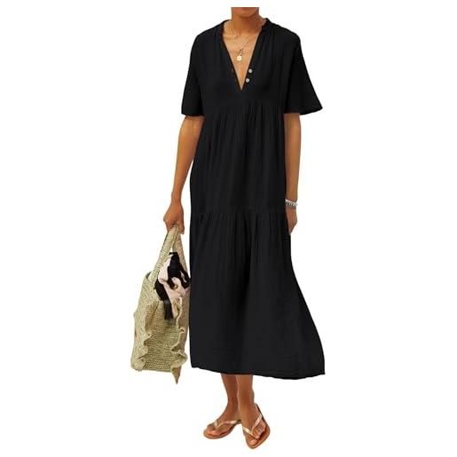 R.Vivimos vestito estivo a maniche corte con scollo a v delle donne vestito lungo da spiaggia casual maxi abito(m, nero)