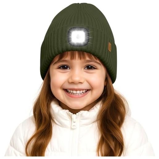ATNKE bambini led illuminato berretto cappello, usb ricaricabile 4 led corsa cappello lampada torcia mani invernale calda pile foderato lavorato beanie regali per ragazzi e ragazze/dark army green