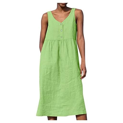 HAOLEI vestito lungo lino donna casual colore solido tunica bottone tinta unita eleganti scollo a v manica corta midi abito boho vestito lungo da spiaggia estivi a-line dress per la primavera e l'estate