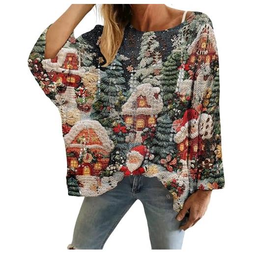 Maglione Natalizio Donna A Maniche Lunghe Con Renna E Alberi - Felpa Invernale Rossa - 2