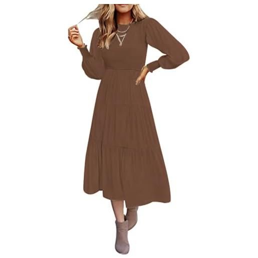 ZOOMOON abito da donna casual a maniche lunghe autunnale girocollo con punto smock vita alta fluida maxi abiti a strati, marrone, xl