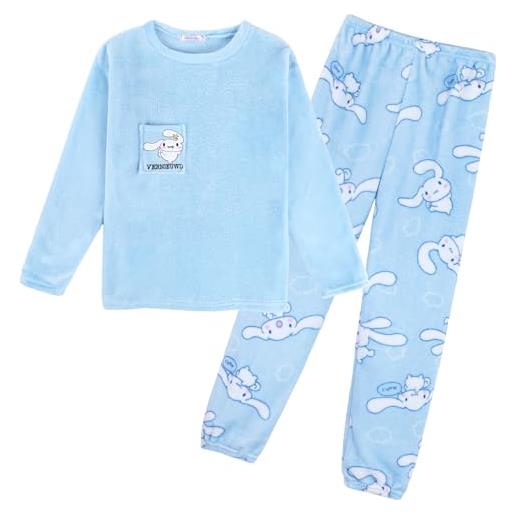 Satdflie cinnamo-roll cartoon pigiama in pile pigiama invernale maglia manica lunga e pantalone lungo pigiama due pezzi per petite donna ragazza, blu, m