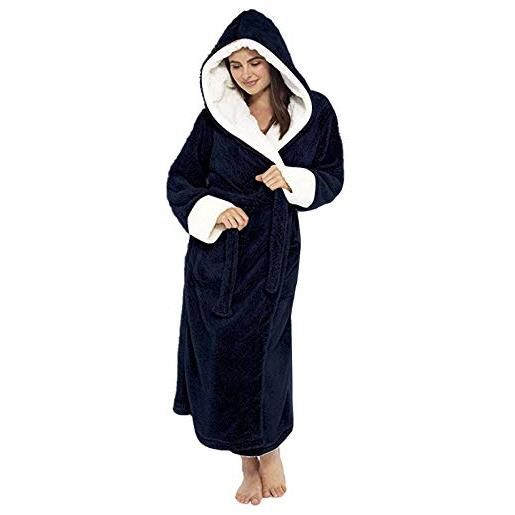 Generisch accappatoio da donna in spugna con cappuccio lungo - vestaglia da donna soffice flanella pile accappatoio caldo vestaglia vacanza cappotto sauna per doccia spa hotel pigiama kimono, blu