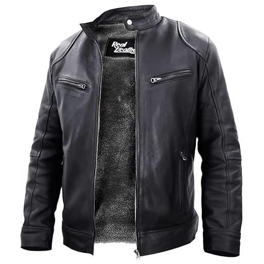 MERCH ATTIRE bomber da uomo in pelle invernale retrò con pelliccia sintetica shearling, 03-nero con pelliccia sintetica crema- vera pelle, xxs