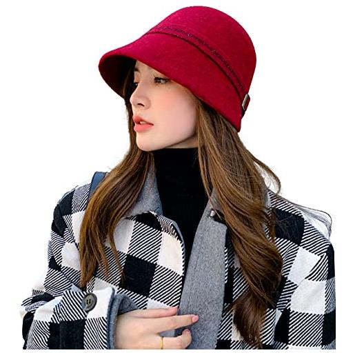 CHERISH donne 100% lana cappello inverno tinta unita retro leggero casual floppy cap bucket hat, rosso, taglia unica