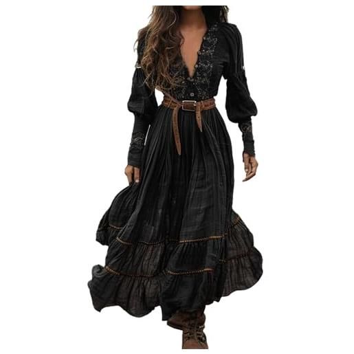 Vhersily maxi abito vintage western da donna autunno casual largo manica lunga scollo a v country abito lungo svasato a fiori, da cocktail aderente madre del vestite da sposa, per party club banchetti