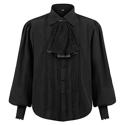 Generico camicia nera uomo - camicia da gentiluomo medievale in stile moda da uomo camicia gotica a maniche lunghe con colletto arruffato abbigliamento strano