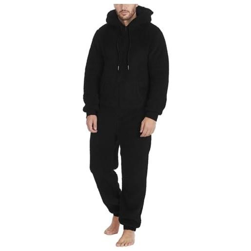 Generic pigiama intero da uomo, a maniche lunghe, da uomo, con cerniera, caldo, in peluche, tuta da notte con cappuccio, in pile, caldo e accogliente, nero , l