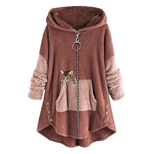 Peuignao giacca pile donna con cappuccio zip teddy cappotto lungo donna giacca felpa giubbini felpata fleece jacket donna invernale giubbotto peloso giacche pile felpate teddy orsetto pelosa donna rosa xxl