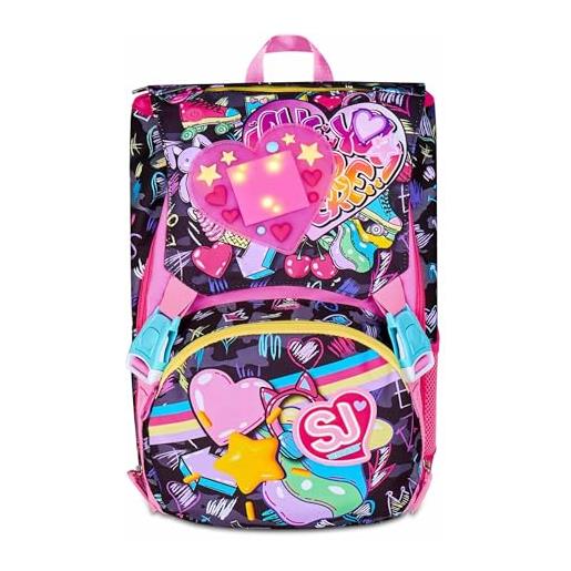 Sj gang style jam gang zaino scuola estensibile big, fucsia, zaino con divisorio interno, tasca superiore con led cuore, tasca per borraccia, 24 l, zaino scuola elementare, zaino bambina