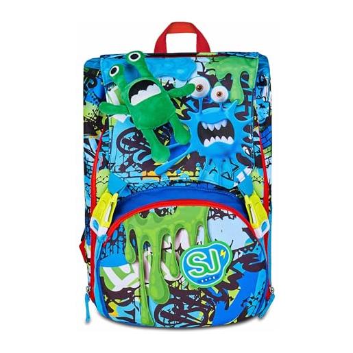 SJ GANG STYLE JAM GANG zaino scuola estensibile big, blu, zaino con divisorio interno, tasca per borraccia, peluche alieno abbinato, 24 l, zaino scuola elementare, zaino bambino