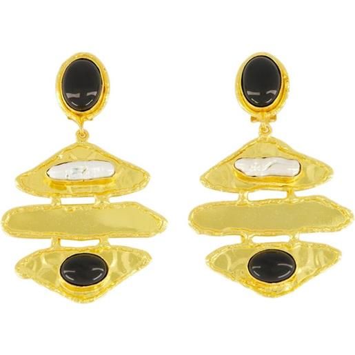 Mokilu' Orecchini Vintage Pendenti In Ottone Dorato 24kt Con Pietra Onice Nera - Gioiello Artigianale Toscano