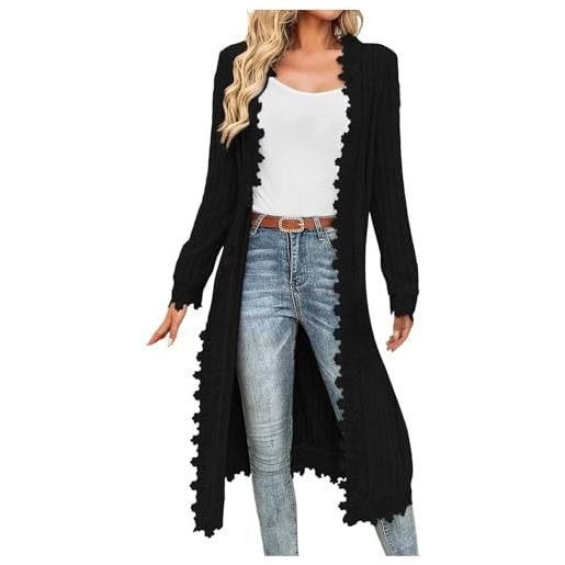 NZYIHAO cardigan da donna, lungo, leggero, estivo, lungo, lungo, casual, leggero, con pizzo, casual, aperto, scollo a v, traspirante, a maniche lunghe, elegante e sottile, nero , s